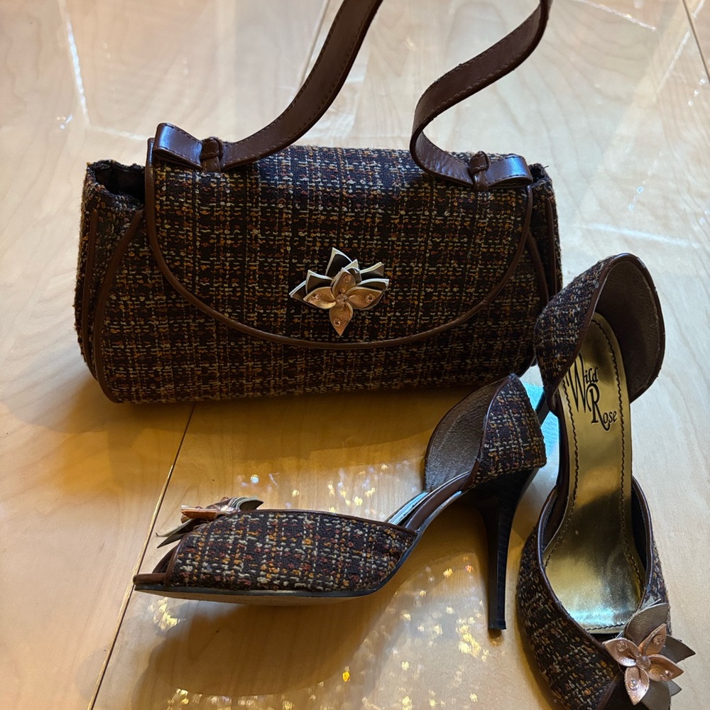 Wild Rose Brown Tweed Heels with Matching Bag